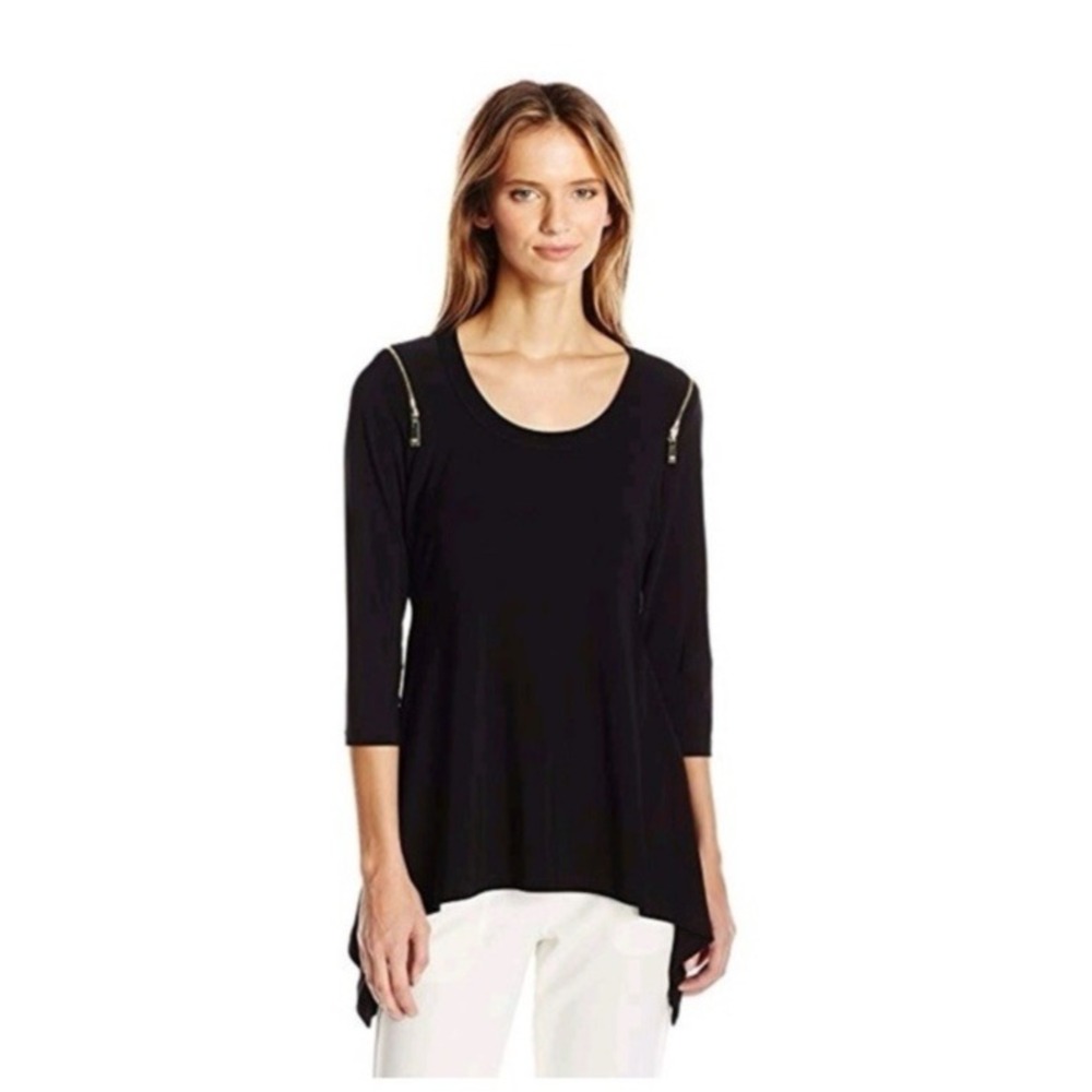CHAUS NY BLACK ZIPPERED SHOULDERS‎ TUNIC BLOUSE SZ XL CAREER ACADEMIA
